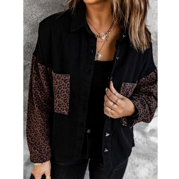 Leopard Black Cotton Button Denim Jacket SZ L - Picture 1 of 6